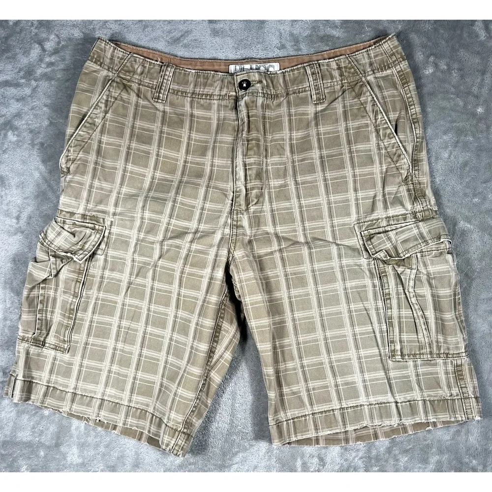 Plugg Cargo Shorts Mens 36 Brown Plaid Pockets Y2K Grunge‎ Baggy Wide Leg 2000s